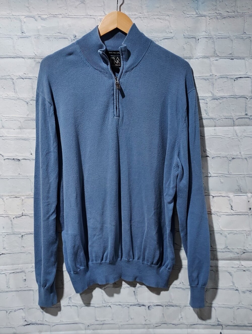Jos A Bank L 1/4 Zip Pullover Sweater Blue Pima Cotton Office Workwear Wash Wear